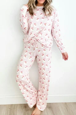 Discount Dear-Lover Santa Claus Striped Print Loose Fit Two Piece Lounge Set Pink