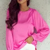 Fashion Dear-Lover Satin Puff Long Sleeve Crewneck Blouse Pink
