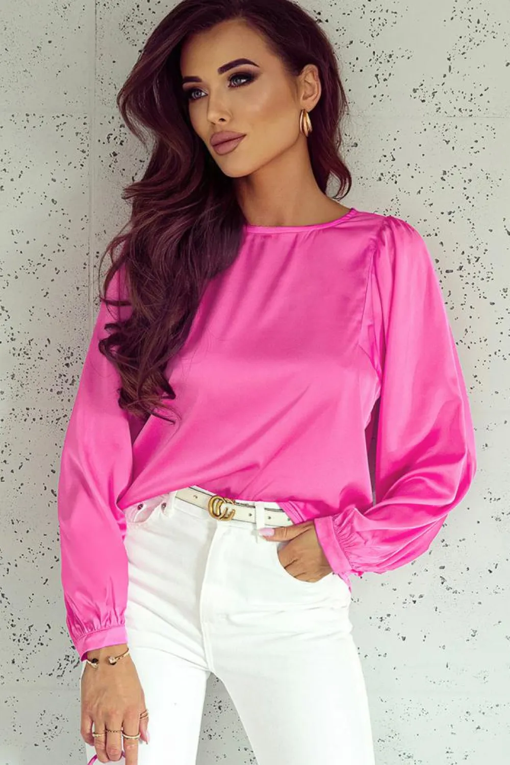 Fashion Dear-Lover Satin Puff Long Sleeve Crewneck Blouse Pink