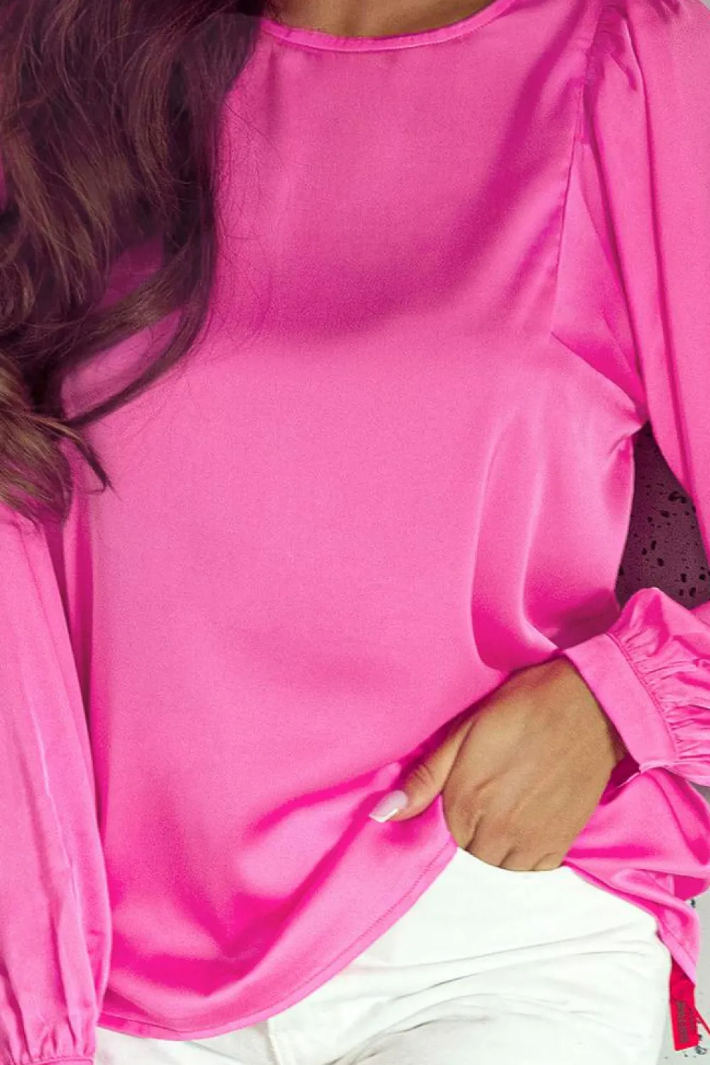 Fashion Dear-Lover Satin Puff Long Sleeve Crewneck Blouse Pink