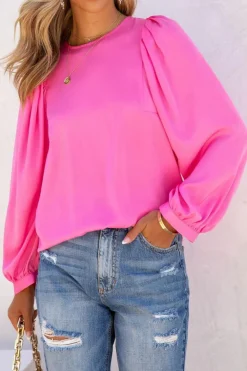 Fashion Dear-Lover Satin Puff Long Sleeve Crewneck Blouse Pink