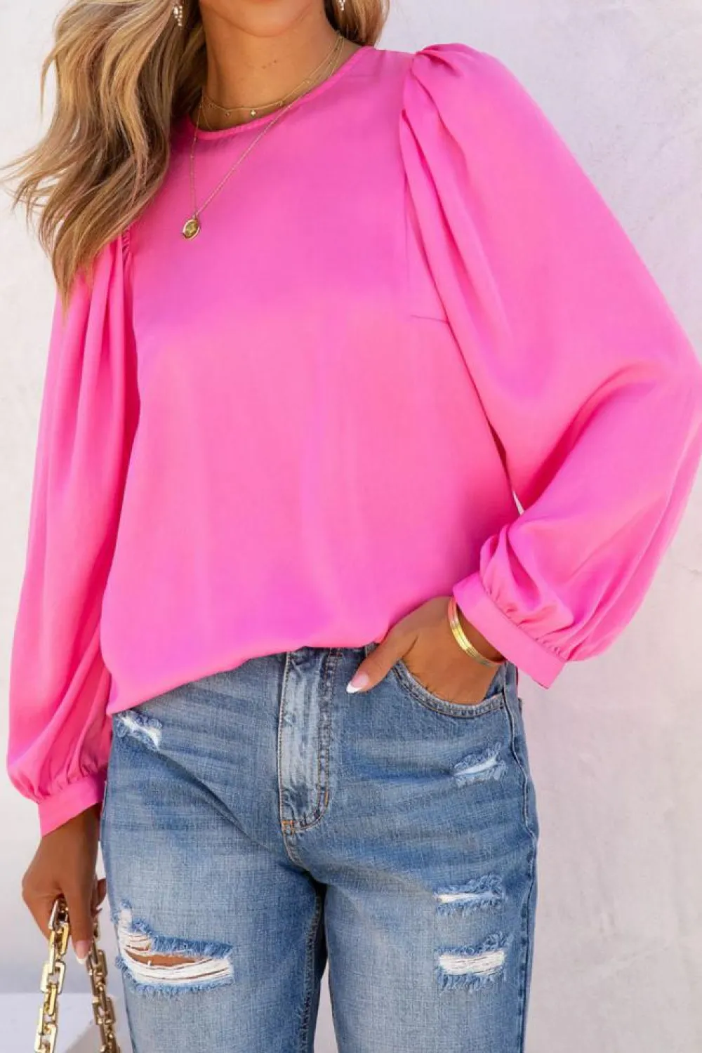Fashion Dear-Lover Satin Puff Long Sleeve Crewneck Blouse Pink