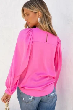 Fashion Dear-Lover Satin Puff Long Sleeve Crewneck Blouse Pink