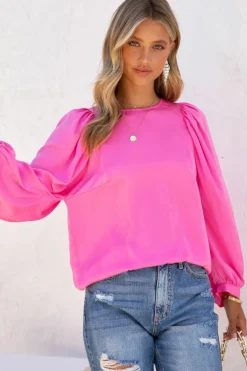 Fashion Dear-Lover Satin Puff Long Sleeve Crewneck Blouse Pink