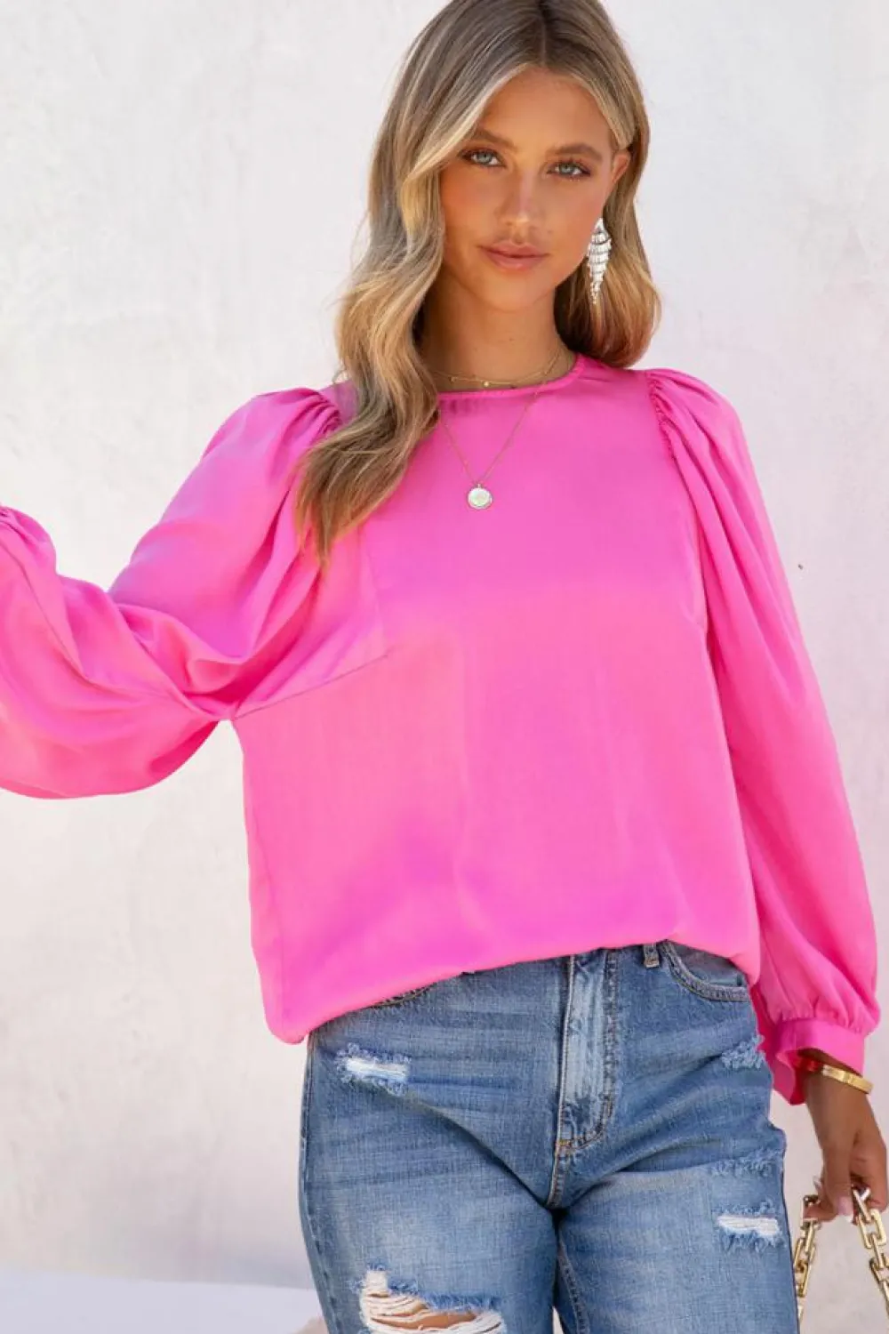 Fashion Dear-Lover Satin Puff Long Sleeve Crewneck Blouse Pink