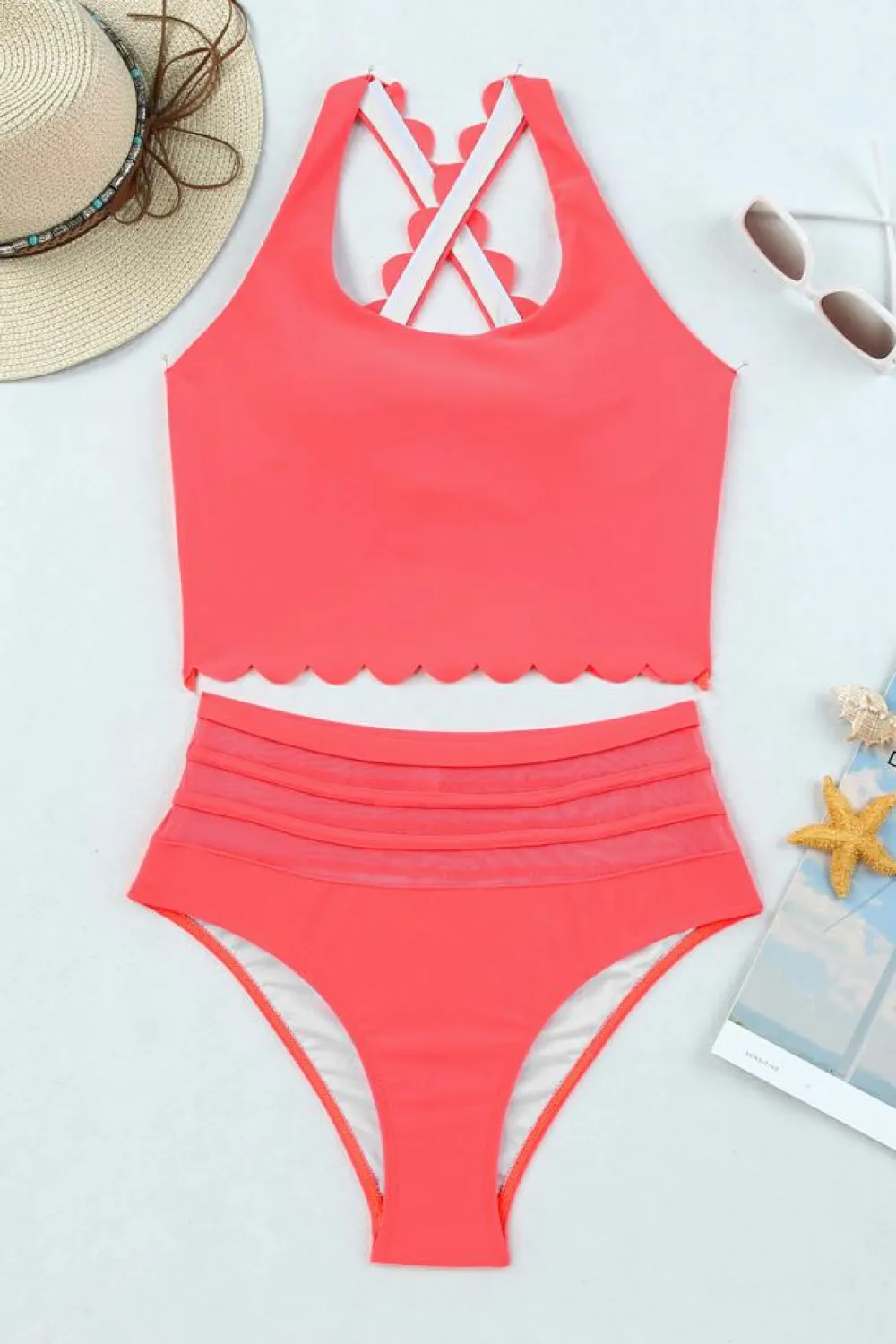 Discount Dear-Lover Scalloped Criss Cross High Waist Bikini Pink