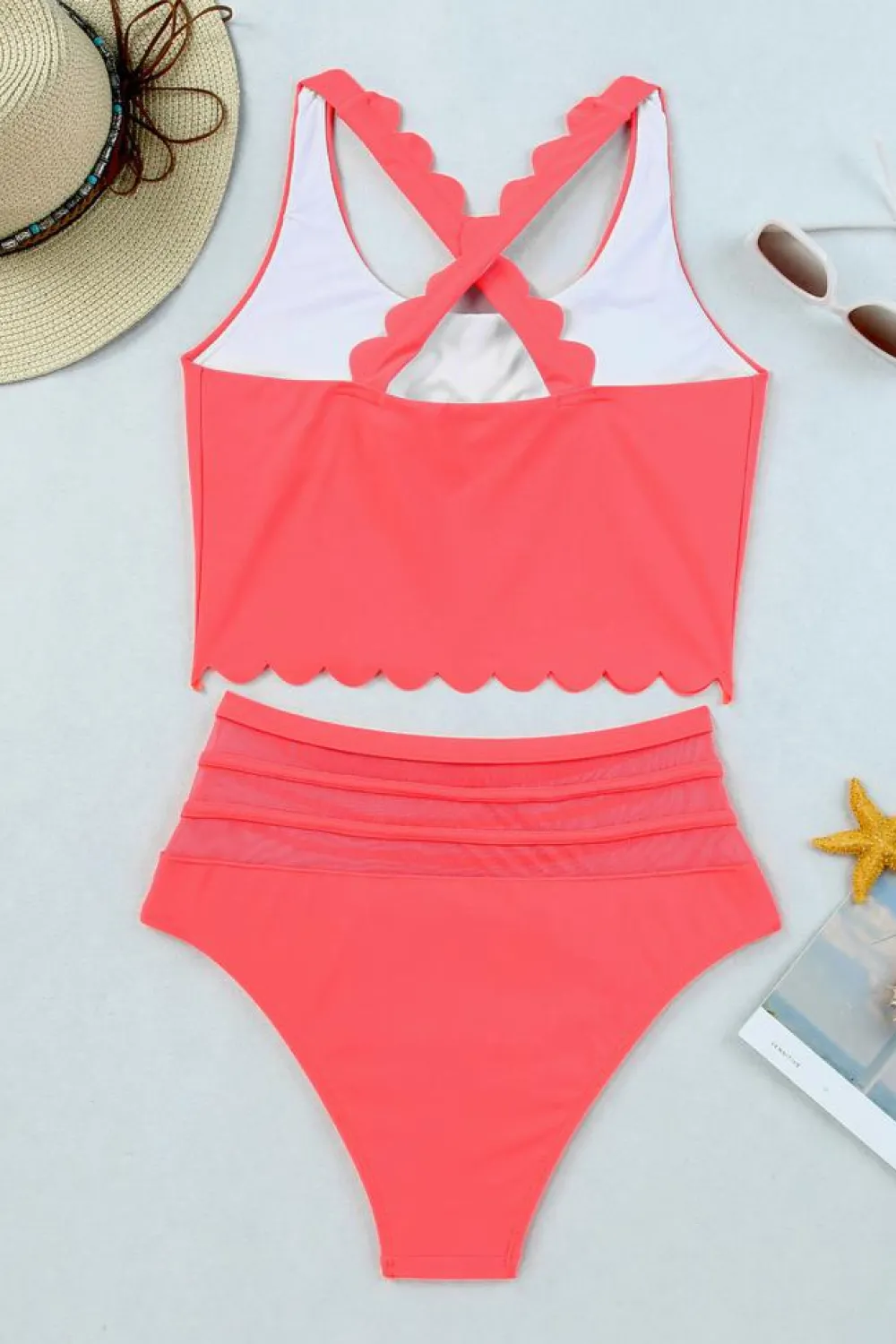 Discount Dear-Lover Scalloped Criss Cross High Waist Bikini Pink