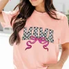 Hot Dear-Lover Sequin Checkered MAMA Bow Graphic T Shirt Pink