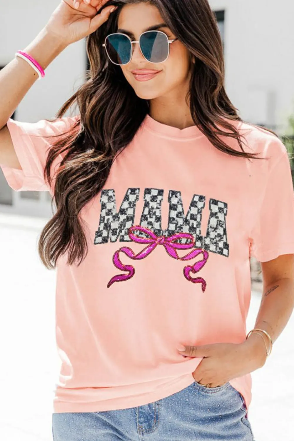 Hot Dear-Lover Sequin Checkered MAMA Bow Graphic T Shirt Pink