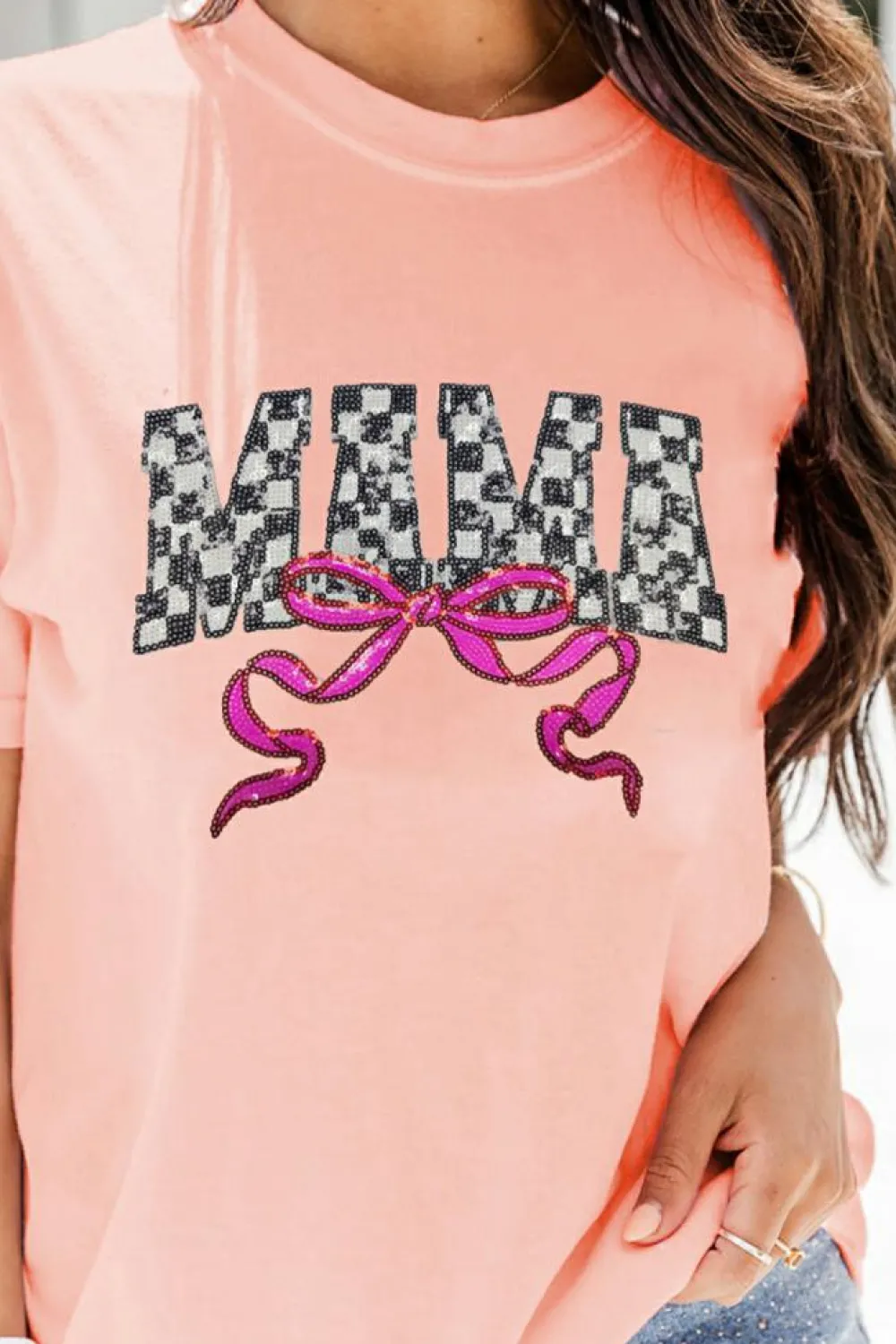 Hot Dear-Lover Sequin Checkered MAMA Bow Graphic T Shirt Pink