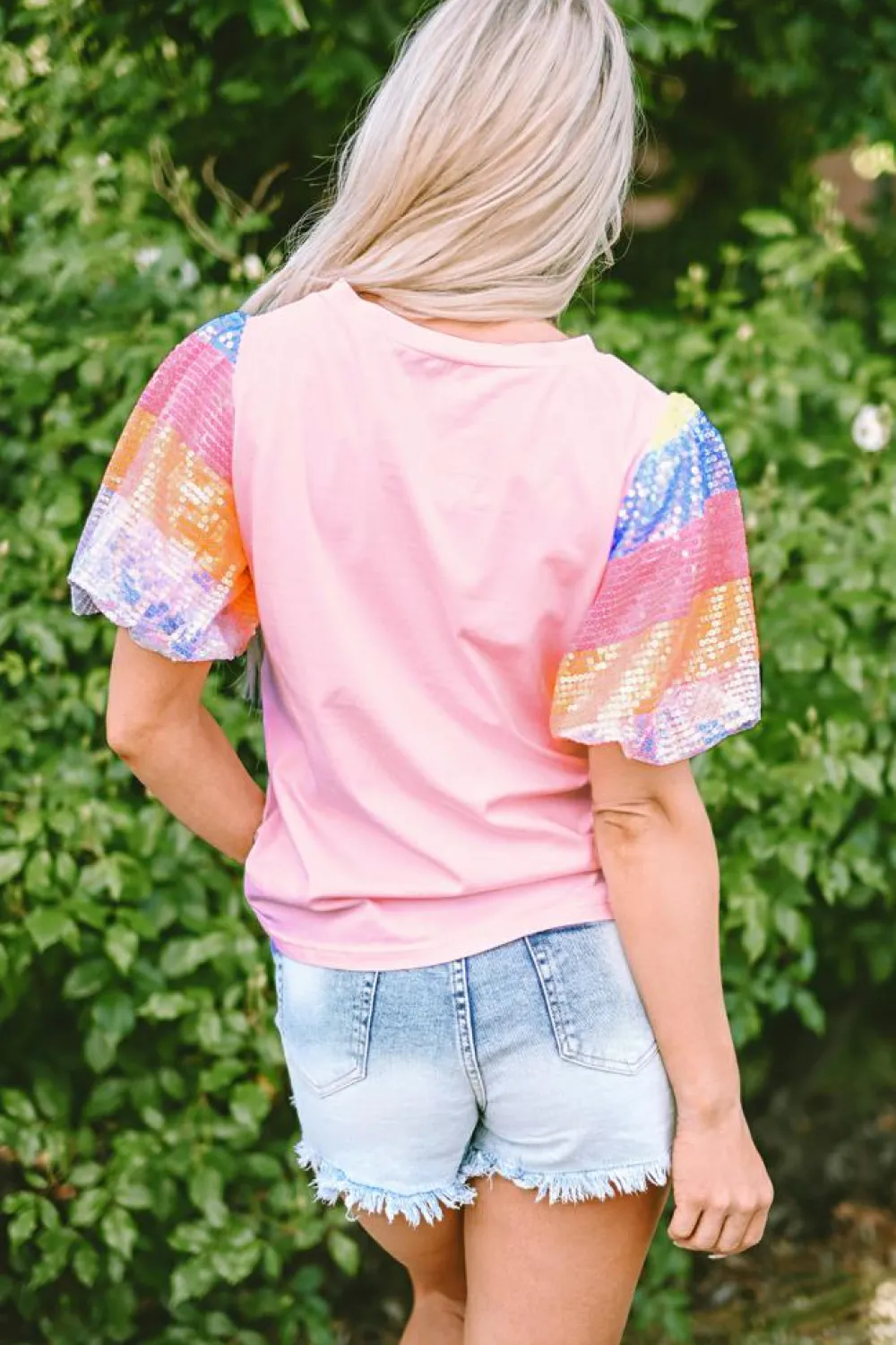 Hot Dear-Lover Sequin Colorblock Striped Puff Sleeve Top Pink