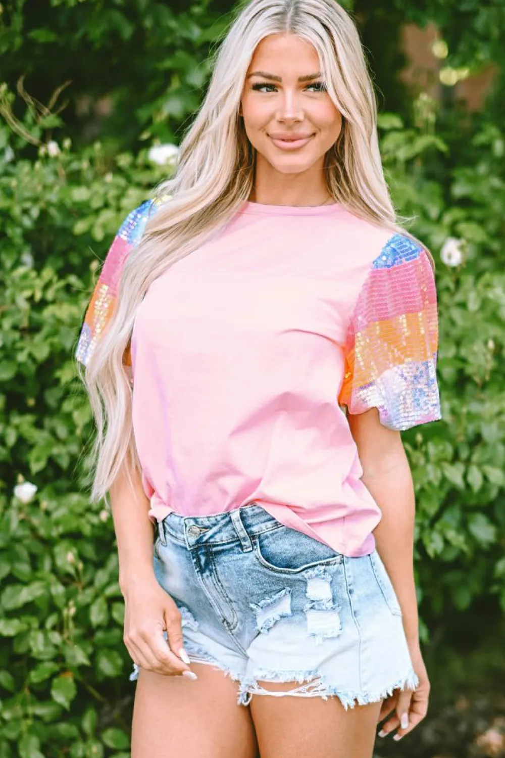 Hot Dear-Lover Sequin Colorblock Striped Puff Sleeve Top Pink