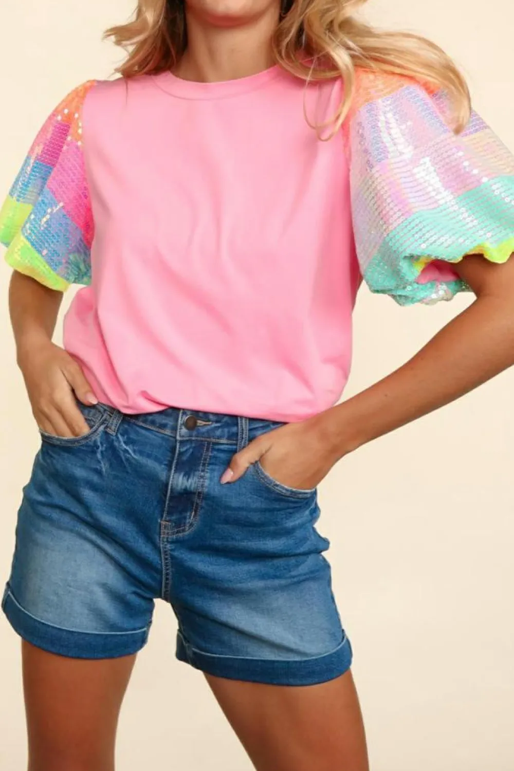 Hot Dear-Lover Sequin Colorblock Striped Puff Sleeve Top Pink