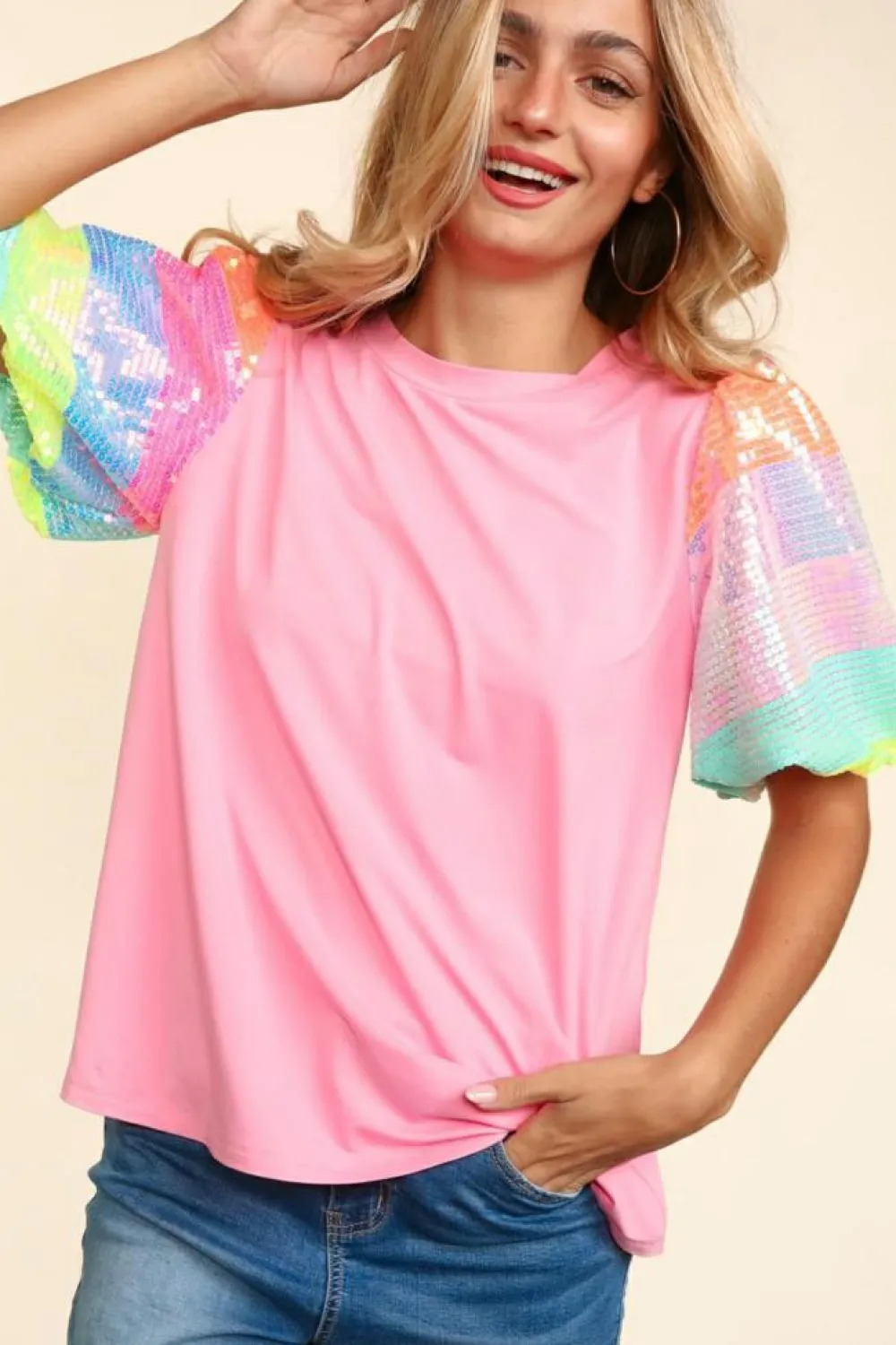 Hot Dear-Lover Sequin Colorblock Striped Puff Sleeve Top Pink