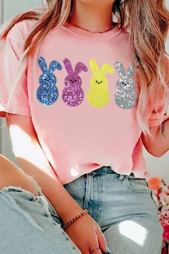 Clearance Dear-Lover Sequin Cute Bunny Graphic Easter Fashion Tee Pink