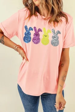 Clearance Dear-Lover Sequin Cute Bunny Graphic Easter Fashion Tee Pink