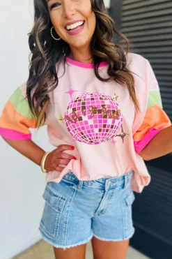 Sale Dear-Lover Sequin Disco Ball Color Block Sleeve Graphic Tee Pink