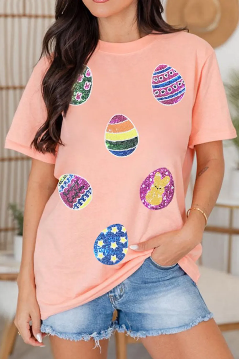 New Dear-Lover Sequin Easter Eggs Graphic Crewneck T Shirt Pink