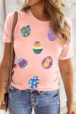 New Dear-Lover Sequin Easter Eggs Graphic Crewneck T Shirt Pink