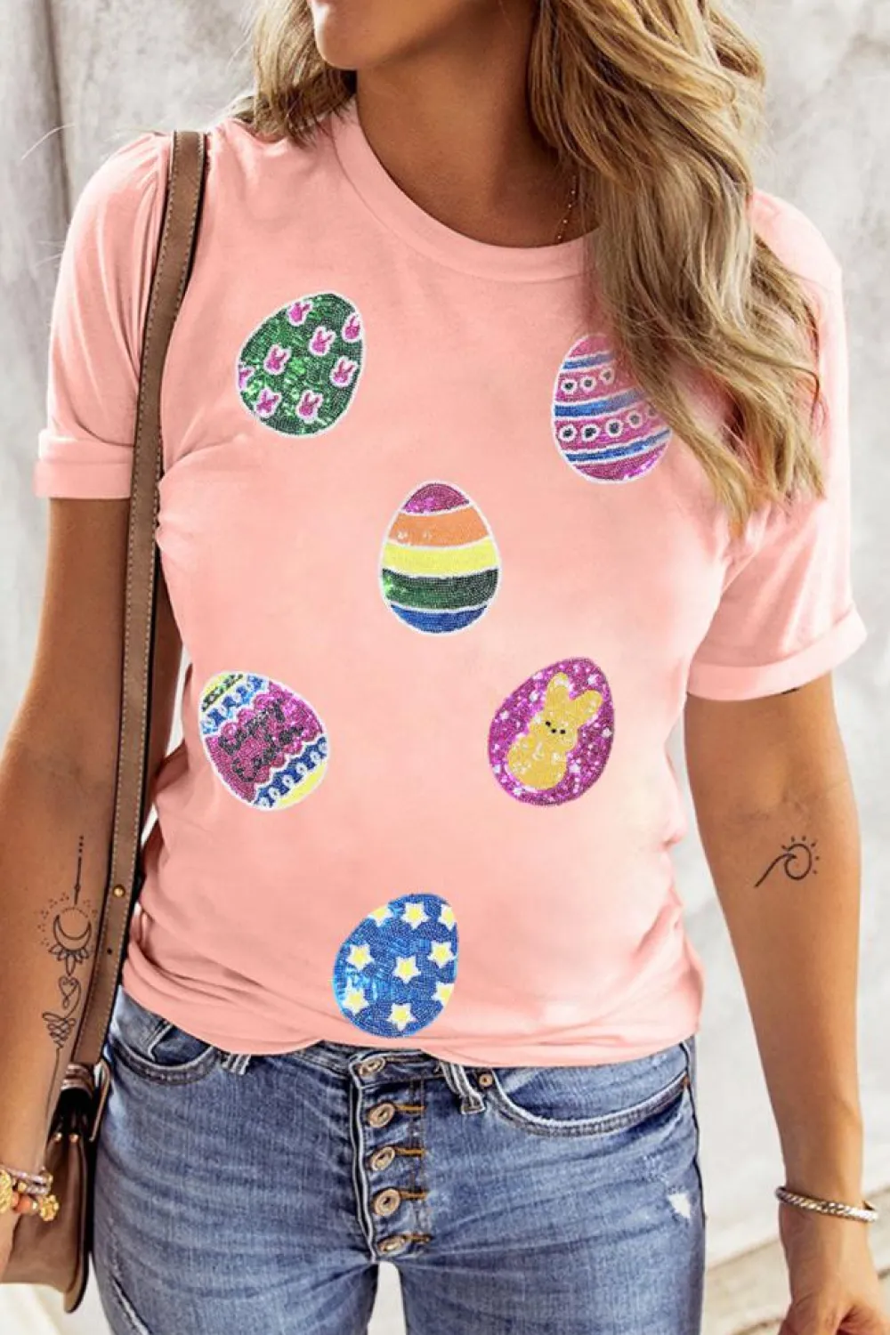 New Dear-Lover Sequin Easter Eggs Graphic Crewneck T Shirt Pink