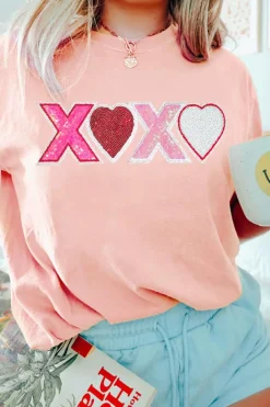 Discount Dear-Lover Sequin Heart XOXO Patched Graphic Valentines T Shirt Pink