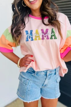Outlet Dear-Lover Sequin MAMA Letter Graphic Color Block Patchwork Sleeve Tee Pink