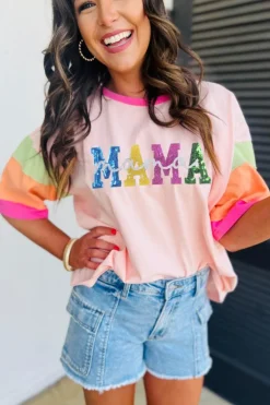 Outlet Dear-Lover Sequin MAMA Letter Graphic Color Block Patchwork Sleeve Tee Pink