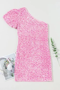 Sale Dear-Lover Sequin One Shoulder Puff Sleeve Bodycon Mini Dress Pink