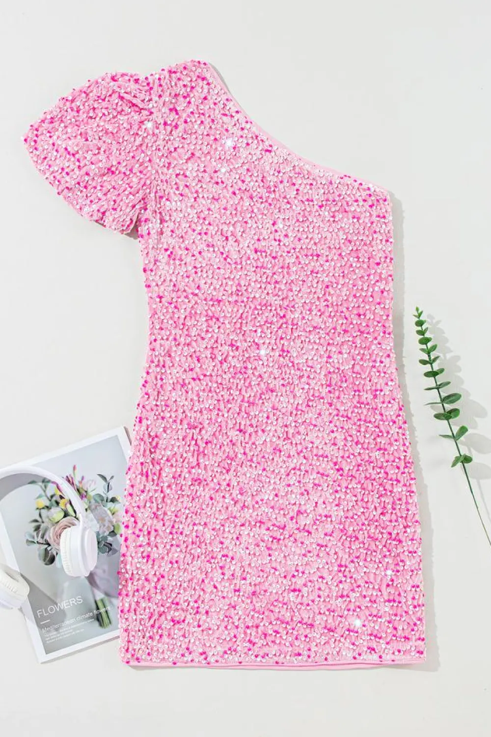 Sale Dear-Lover Sequin One Shoulder Puff Sleeve Bodycon Mini Dress Pink