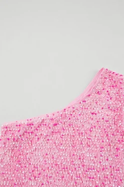 Sale Dear-Lover Sequin One Shoulder Puff Sleeve Bodycon Mini Dress Pink