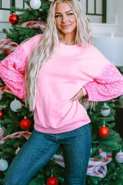 Clearance Dear-Lover Sequin Patchwork Long Sleeve Pullover Top Pink