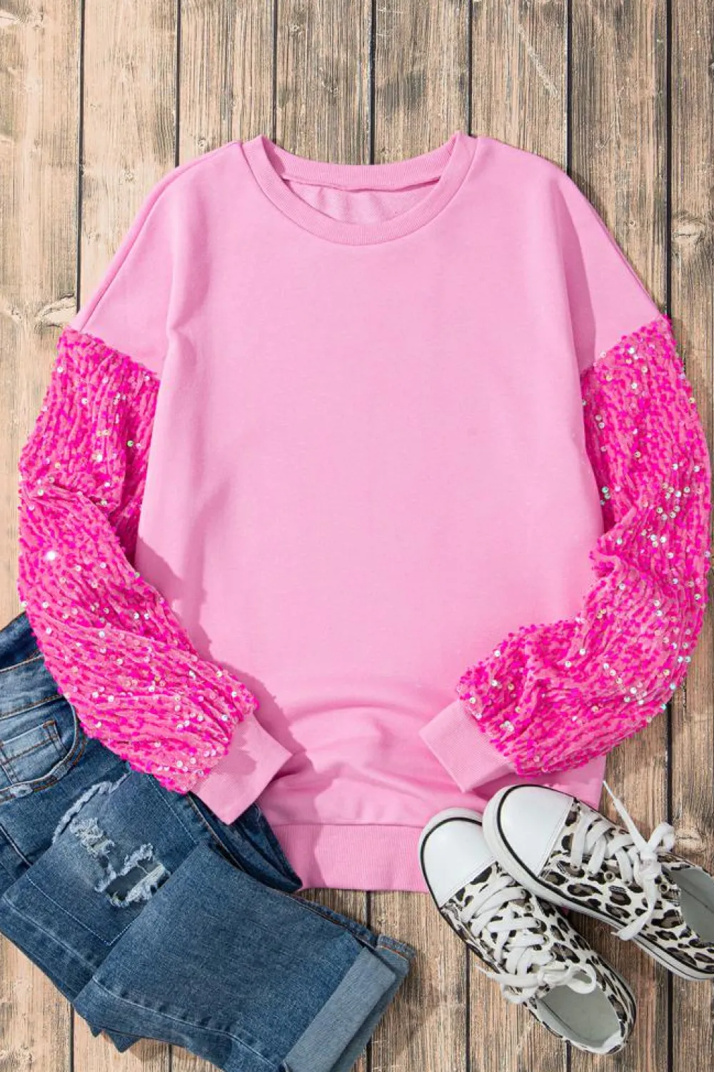 Clearance Dear-Lover Sequin Patchwork Long Sleeve Pullover Top Pink