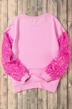 Clearance Dear-Lover Sequin Patchwork Long Sleeve Pullover Top Pink