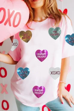Hot Dear-Lover Sequin Valentines Lettering Heart Patched Crewneck T Shirt Pink