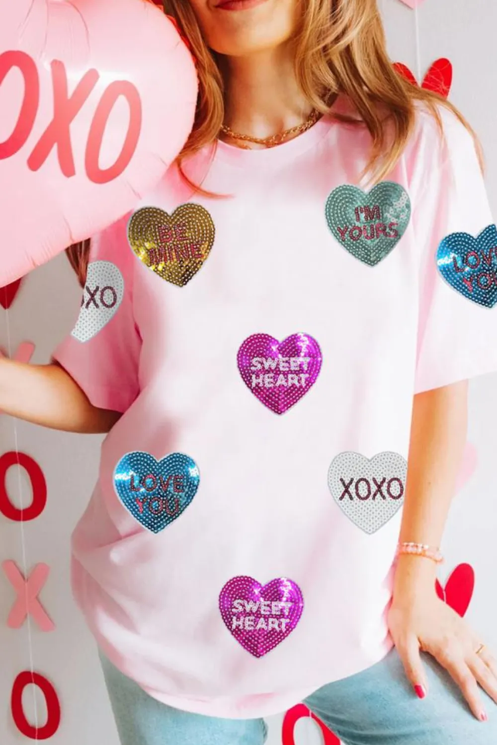 Hot Dear-Lover Sequin Valentines Lettering Heart Patched Crewneck T Shirt Pink