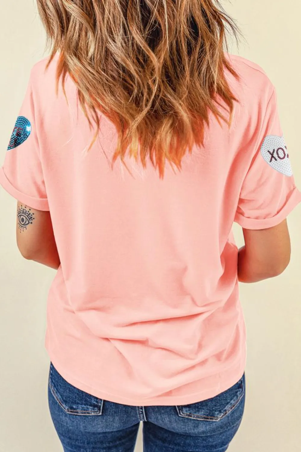 Hot Dear-Lover Sequin Valentines Lettering Heart Patched Crewneck T Shirt Pink