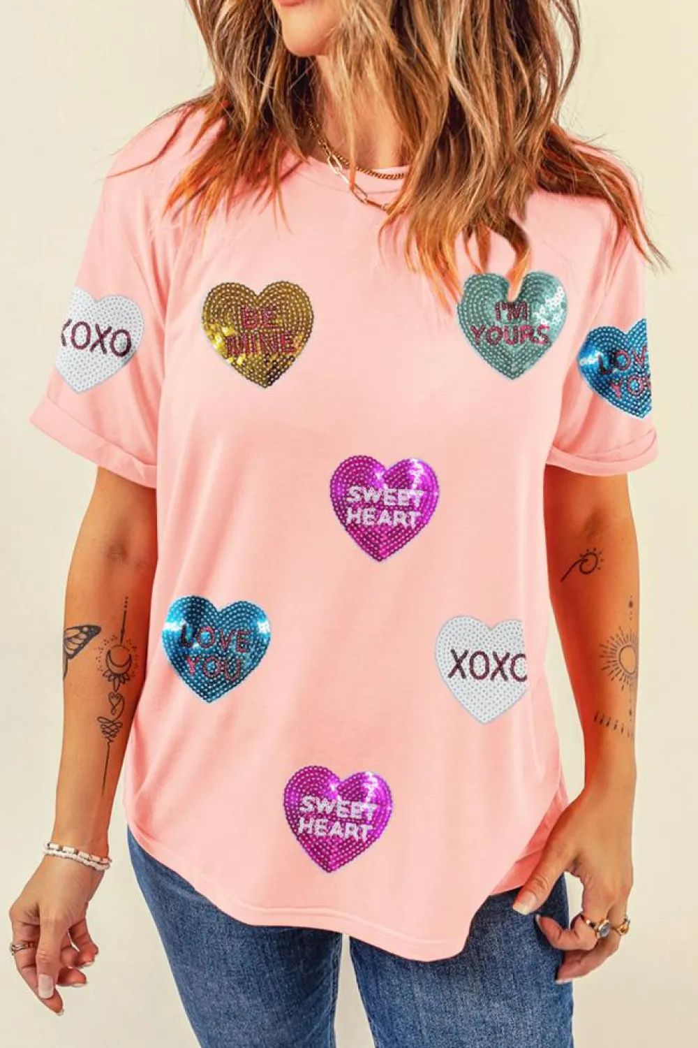 Hot Dear-Lover Sequin Valentines Lettering Heart Patched Crewneck T Shirt Pink