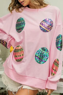 Hot Dear-Lover Sequined Easter Egg Drop Shoulder Oversized Sweatshirt Pink