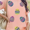 Best Dear-Lover Sequined Easter Egg Patched Print Holiday Tee Pink