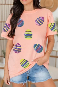 Best Dear-Lover Sequined Easter Egg Patched Print Holiday Tee Pink