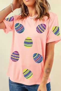 Best Dear-Lover Sequined Easter Egg Patched Print Holiday Tee Pink