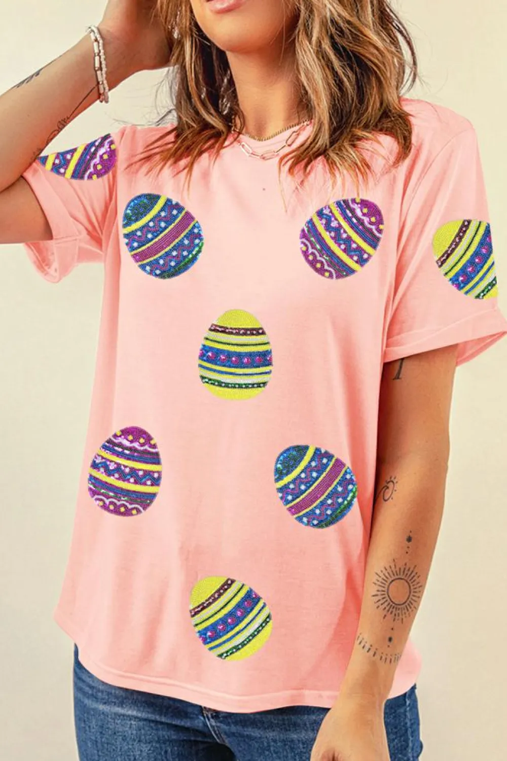 Best Dear-Lover Sequined Easter Egg Patched Print Holiday Tee Pink