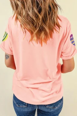 Best Dear-Lover Sequined Easter Egg Patched Print Holiday Tee Pink