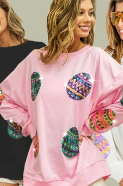 Hot Dear-Lover Sequined Easter Egg Drop Shoulder Oversized Sweatshirt Pink