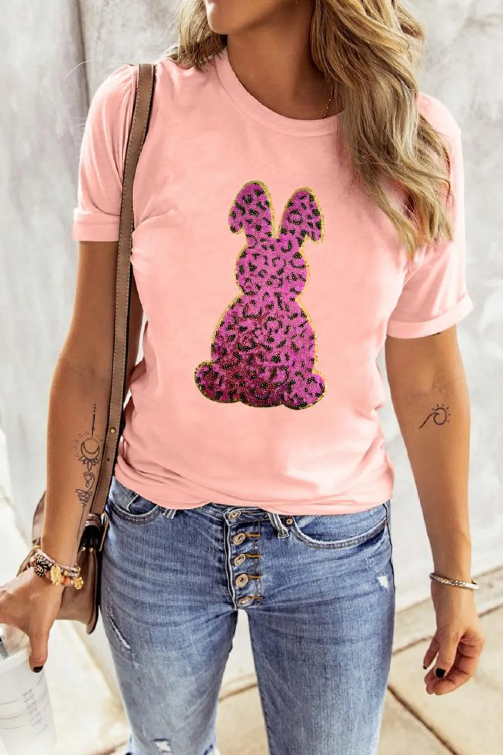 Online Dear-Lover Sequined Leopard Bunny Easter Graphic Tee Pink