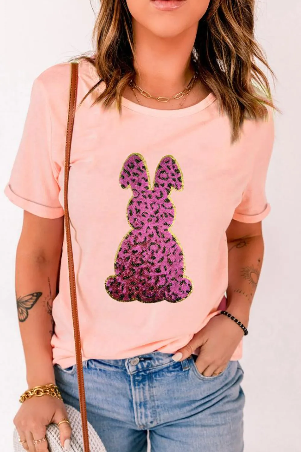 Online Dear-Lover Sequined Leopard Bunny Easter Graphic Tee Pink