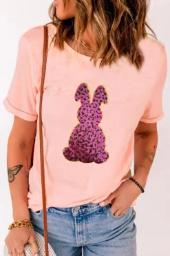 Online Dear-Lover Sequined Leopard Bunny Easter Graphic Tee Pink