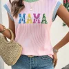Clearance Dear-Lover Sequined MAMA Graphic Corded Rib Knit Colorblock T Shirt Pink