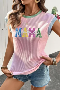 Clearance Dear-Lover Sequined MAMA Graphic Corded Rib Knit Colorblock T Shirt Pink