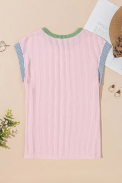Clearance Dear-Lover Sequined MAMA Graphic Corded Rib Knit Colorblock T Shirt Pink